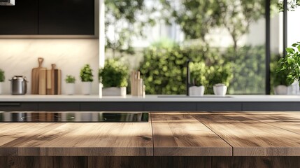 Wall Mural - Showcase products on this kitchen wood tabletop amidst a blurred modern interior. The tabletop stands out against the defocused kitchen background