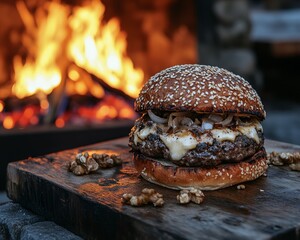 FireKissed Burger A closeup of a juicy burger with caramelized onions and melted cheese set against a warm outoffocus fireplace