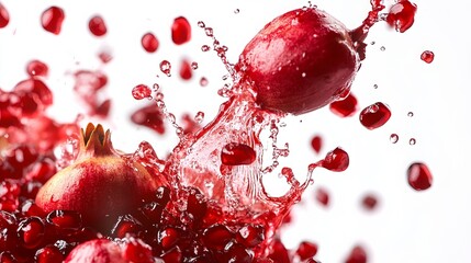 Wall Mural - Pomegranate juice bursts onto a white background, scattering juicy seeds as it splashes. ID_f8af0f42-1579-4348-a142-209b8d64a611