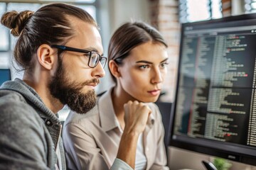 Wall Mural - focused professionals analyzing code. a young man and woman, both developers, work side-by-side at a