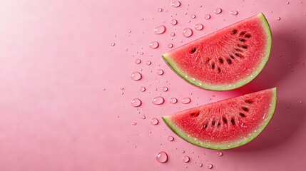  Pink surface with two watermelon slices and drips of water