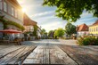 © BORIS - wooden table in oktoberfest beer garden, sunny german village backdrop for food and beverage photography