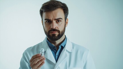 a pharmaceutical scientist in a lab coat examining a vial of medication with a focused expression, l