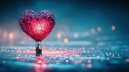 Wall Mural -   Heart-shaped balloon bobbing above body of water, with man perched atop