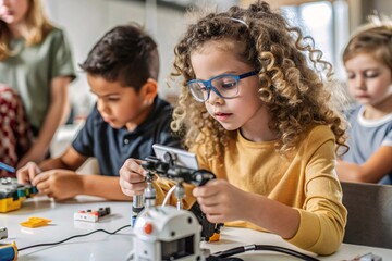 future engineers: young girl building a robot. a focused young girl wearing safety glasses diligentl