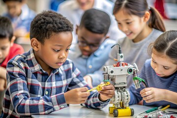 young students engaging in robotics workshop. in a vibrant classroom setting, a focused young boy as