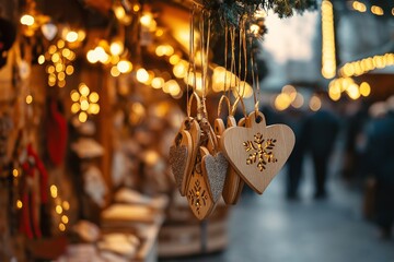 Wall Mural - Handmade Christmas ornaments hanging at a festive market, warm glowing lights in the background, cozy holiday atmosphere, traditional crafts, winter celebration, selective focus

