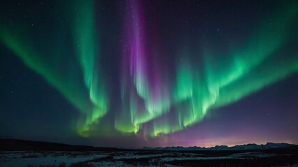abstract portrayal of a northern lights display, with vibrant green and purple streaks across a star