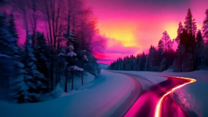 Wall Mural - winter road covered in snow at sunrise. 