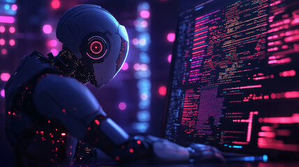 Robot AI works with computer code and data. Web engineer interacting with AI. Analyzes the code on the digital screen. Robot processes data information.