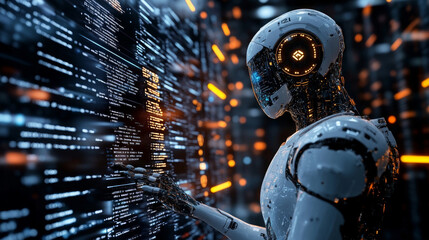 Robot AI works with computer code and data. Web engineer interacting with AI. Analyzes the code on the digital screen. Robot processes data information.