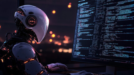 Robot AI works with computer code and data. Web engineer interacting with AI. Analyzes the code on the digital screen. Robot processes data information.