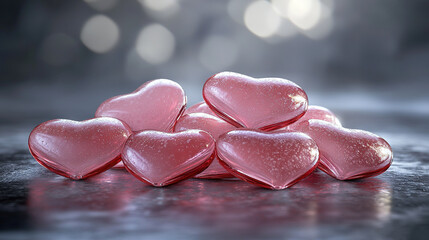 Poster -   A table with a stack of pink hearts and other heart-shaped candies on it