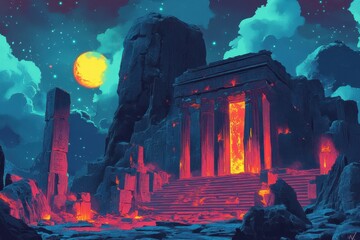 Ancient Temple with Glowing Entrance Under a Night Sky