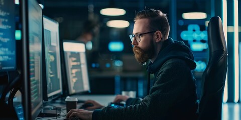 Focused Programmer Working Late at Night