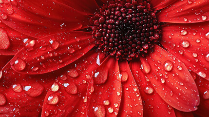 Sticker -   A red flower's close-up with water droplets on petals and center