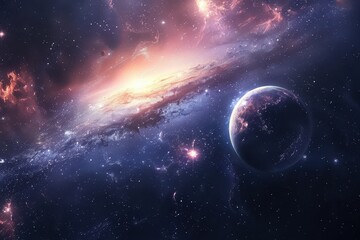 Wall Mural - Colorful Space Galaxy with Glowing Stars and a Distant Planet