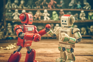 generated illustration of two cute toy robots having boxing match