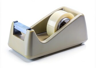 A solitary office supply tool, a plastic tape dispenser with a built-in cutter, sits isolated on a clean white background, emphasizing utility and simplicity.