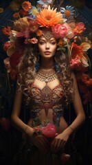 A bohemian woman adorned with a vibrant floral headdress, wearing intricate jewelry and a decorative outfit. The background features a rich array of flowers.