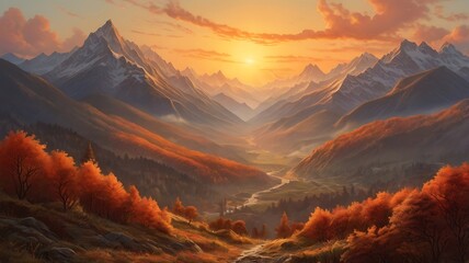 Wall Mural - A painting of the early morning at dawn, the sun behind the mountains, the sun's light shines with red-orange colors creating an unforgettable landscape scene	