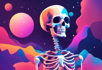 A skeleton stands against a colorful mountain backdrop, with a full moon and stars shining in the night sky.