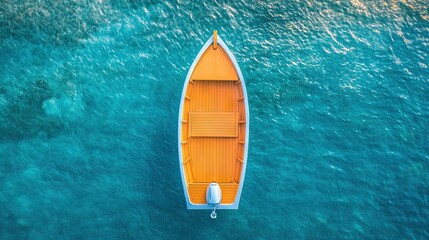   A yellow boat floats atop a body of water beside a vessel equipped with two oars