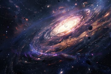 Wall Mural - Glowing spiral galaxy with colorful swirling dust and stars in deep space