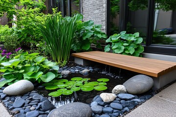 Aufkleber - A garden designed for meditation, with a quiet corner featuring a simple bench, a water feature, and carefully arranged stones