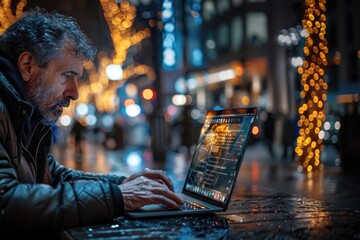 A man is typing on a laptop in a city street