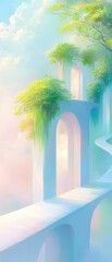 Canvas Print - a beautiful landscape with a white archway and a bridge