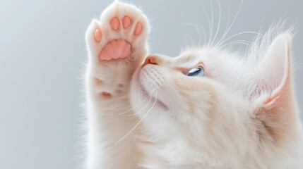 A kitten is playing with its paw and looking up at the camera