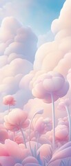 Wall Mural - a painting of a field of pink flowers with a blue sky in the background