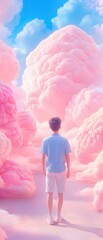 Wall Mural - a boy stands in front of a pink cloud forest