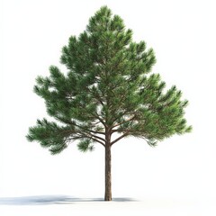 A tall, slender tree with green leaves stands alone on a white background