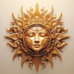 A decorative bohemian sun face sculpture with intricate designs, featuring a serene expression and ornate sun rays. The sculpture is golden and has a smooth finish, creating an elegant wall art piece.