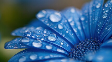 Wall Mural -   A macro shot of a blue blossom with droplets of water on its petals and a hazy backdrop