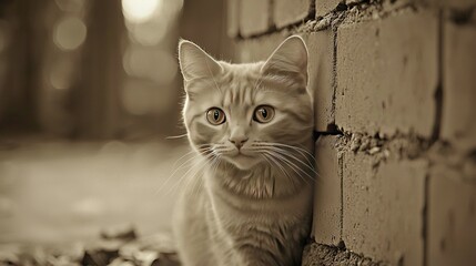 Poster -   Black & white portrait of a serious cat perched on a brick wall, facing the camera