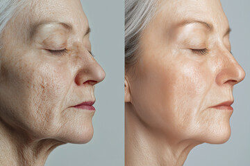 woman posing before and after facelift. face fitness results, plastic surgery. mature woman before a