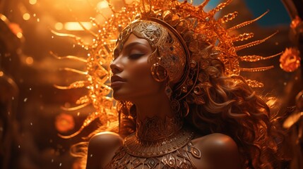 A woman with elaborate golden bohemian jewelry and a radiant headdress, surrounded by warm golden light. Her hair is curly and flows elegantly, creating a mystical and ethereal atmosphere.