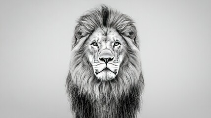 Sticker -   A monochrome portrait of a regal lion with a lengthy mane and a piercing gaze