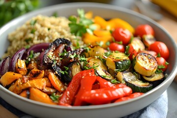 Canvas Print - a bowl of quinoa and roasted vegetables, with colorful ingredients arranged neatly