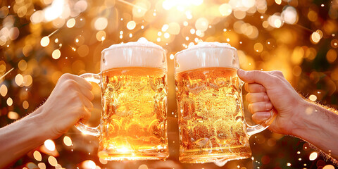 Wall Mural - Two glasses of foamy beer in your hands