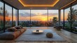 © nataliya_ua - Breathtaking sunset view from a modern living room with large glass windows overlooking the city skyline. Generative AI