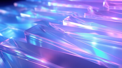 Abstract close-up of translucent, sharp-edged crystal-like structures with vibrant blue and purple lighting, creating a futuristic and dynamic visual effect. Holographic background.