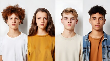 collection of four portraits of young people standing on white background