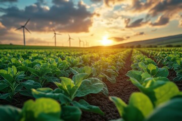 Green fields of crops at sunset with wind turbines in the background