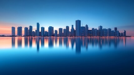 Wall Mural - A serene skyline reflecting on water during twilight, showcasing modern architecture and a calm atmosphere.