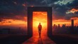 © uut - Silhouette of a man walking through a door frame towards a cityscape with dramatic sky at sunset