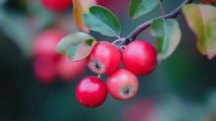 A close-up of red apples on a branch surrounded by green leaves, showcasing the beauty of nature's produce.